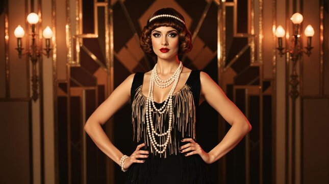 Elegant woman in a glamorous 1920s flapper dress at an art deco-themed event, symbolizing vintage fashion, Great Gatsby aesthetics, and the roaring twenties’ luxurious party culture