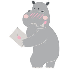 Valentine hippo theme. Cute cartoon hippo holding a letter in its hands.