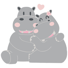 Valentine hippo theme. Cute cartoon hippos cuddling with hearts above them.