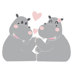 Valentine hippo theme. Cute hippos expressing love with hearts in a playful design.