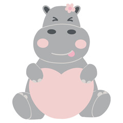 Valentine hippo theme. Cute cartoon hippo holding a heart with a playful expression.
