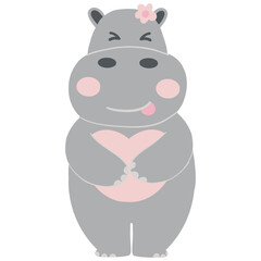Valentine hippo theme. Cute cartoon hippo with a flower, making a heart gesture.