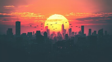 Vibrant sunset over a city skyline with flying objects in the background