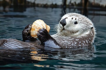 A playful sea otter floating on its back, holding a seashell