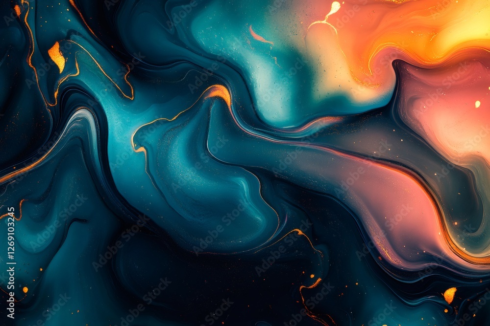 Aufkleber Abstract colorful waves mixing with gold splashes creating unique pattern