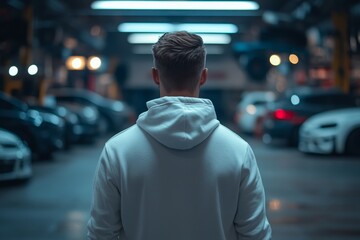 Young man stands in an underground parking garage surrounded by cars observing the dimly lit environment