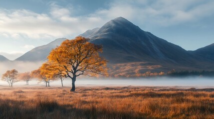 Golden autumn tree standing in misty meadow with buachaille etive mor mountain in background