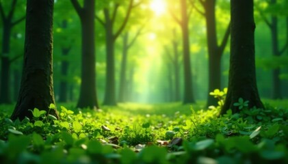 Fototapeta premium Deep green forest blur, bokeh lights dappled sunlight, image, texture