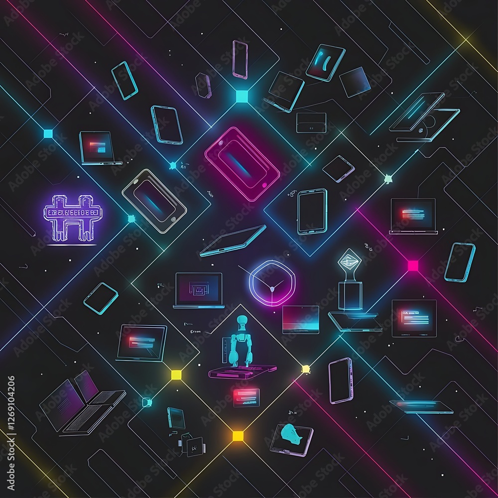 Poster futuristic neon cyber technology concept with digital interfaces ai elements and glowing circuit boa