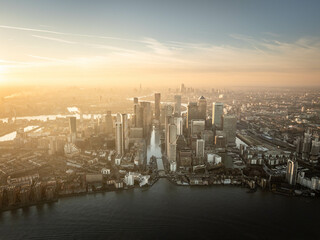 Canary Wharf shot from the air at sunset