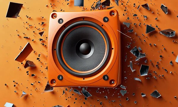 Orange speaker surrounded by shattered glass on an orange background