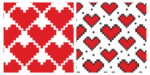 Pixel Art Red hearts Seamless Pattern. St Valentine Day greeting Pixels background Texture concept