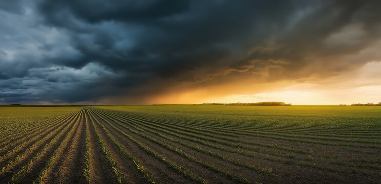 Wide-angle view of a farmland under a stormy sky, concept of climate and agriculture
