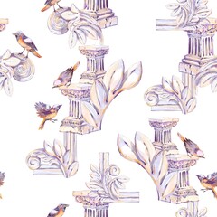 Decorative Elegant Composition With A Beautiful White Wild Roses, Red Birds And A Fragment Of Antique Sculpture, In Soft Light Tones, Watercolor Seamless Pattern On A White Background