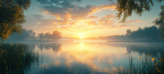 Fototapeta premium Tranquil lake at dawn with soft light reflecting on water, surrounded by trees and gentle mist.