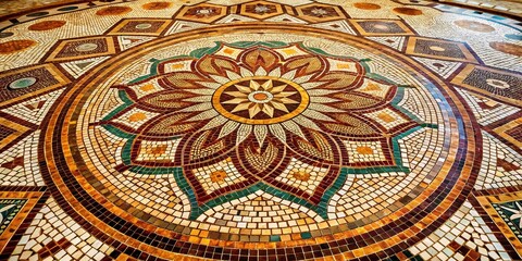 Panoramic Portuguese Tile Mosaic: Intricate Brown Tesserae Pattern with Geometric Designs