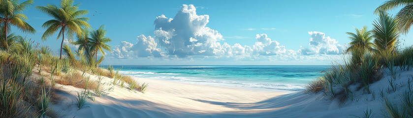 Fototapeta premium Serene beach scene with palm trees, soft sand, and clear blue water.