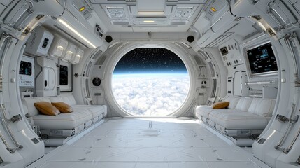 Futuristic Spaceship Interior Viewing Earth