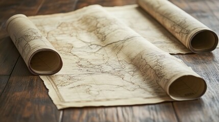 Fototapeta premium Antique World Map Rolled on Wooden Surface