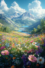 Obraz premium Vibrant spring landscape with colorful flowers, mountains, and lake.