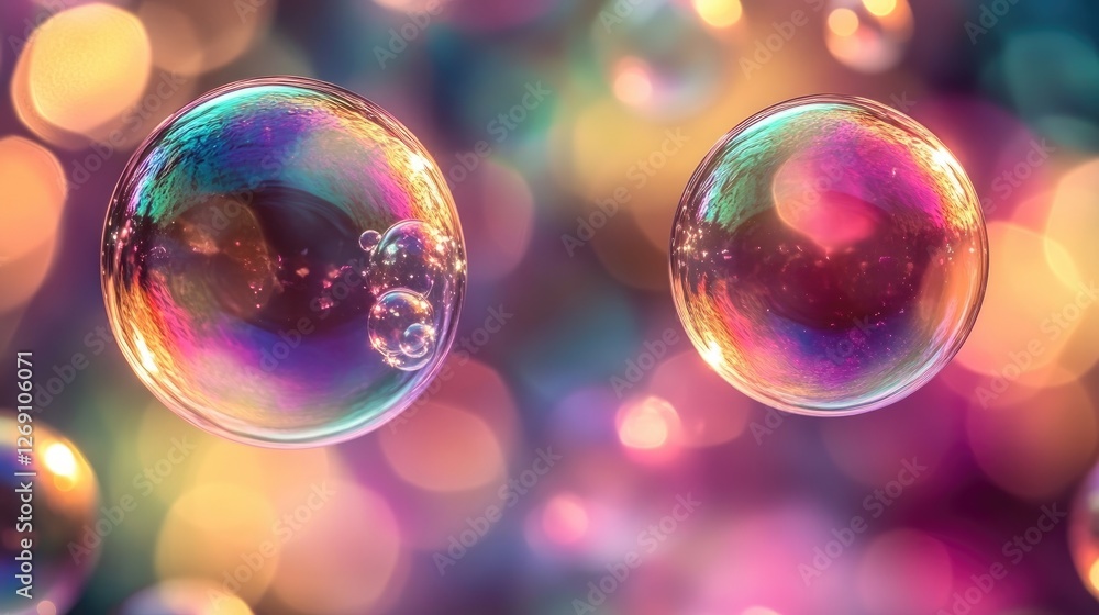 Poster Soap bubbles floating showing vibrant rainbow colors with bokeh effect