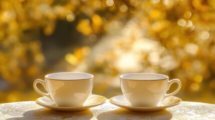 Fototapeta premium Two Elegant Cups on Table Against Soft Golden Autumn Background