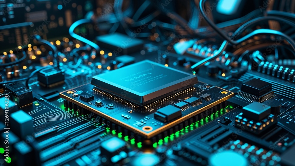 Aufkleber a close up of a futuristic circuit board with glowing blue and orange lines ,robots assembling intri