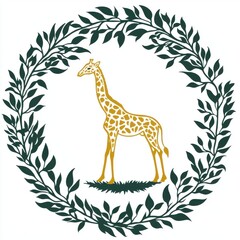 Obraz premium Elegant Giraffe Logo Surrounded by Leaves in a Circular Design