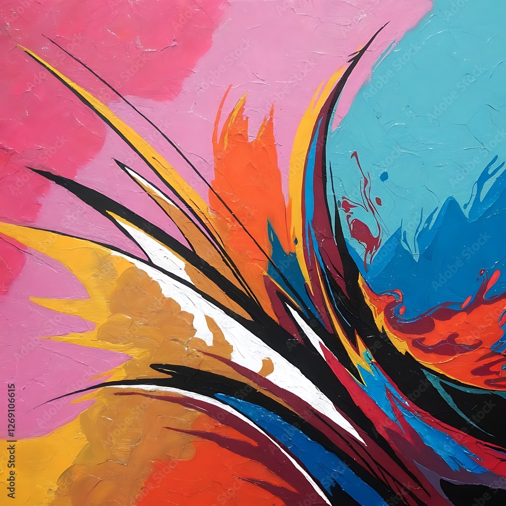 Poster bold abstract painting with dynamic brush strokes in pink blue yellow and black creating an expressi