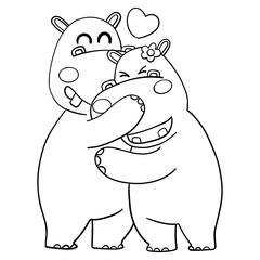 Outline coloring valentine hippo theme, Cute hippos hugging with a heart above them.