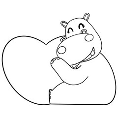 Outline coloring valentine hippo theme ,Cute hippo hugging a heart in a simple line drawing.