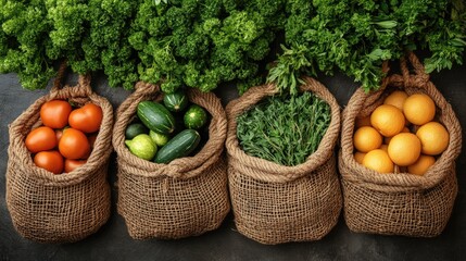 Freshly harvested vegetables and fruits in burlap sacks arranged on a dark surface with greenery