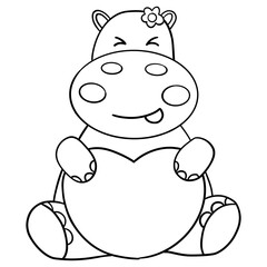 Outline coloring valentine hippo theme ,Happy cartoon hippo holding a heart shape.