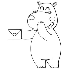 Outline coloring valentine hippo theme ,Happy hippo holding a love letter with a playful expression.