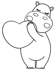 Outline coloring valentine hippo theme, Cute hippo holding a heart in a playful illustration.