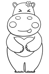 Outline coloring valentine hippo theme ,Cute cartoon hippo with a joyful expression and flower decoration