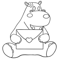 Outline coloring valentine hippo theme ,Cute hippo holding a love letter with a flower on its head.