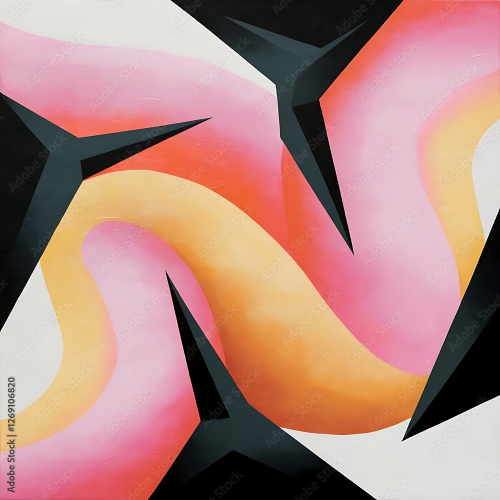 Poster abstract geometric artwork with flowing pink and orange gradients contrasted by sharp black triangul