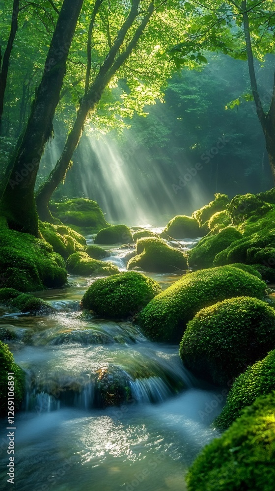 Poster sunbeams filtering through trees illuminating mossy rocks in pristine stream