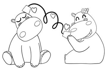 Outline coloring valentine hippo theme ,Two hippos sharing love and joy with heart connections.