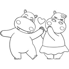 Outline coloring valentine hippo theme ,Cute hippos holding hands with a heart symbol.