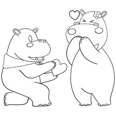 Outline coloring valentine hippo theme, Two cartoon hippos expressing love and affection.