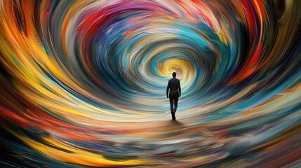 Individual walking through a vibrant swirling vortex of colors, showcasing an abstract representation of exploration and imagination