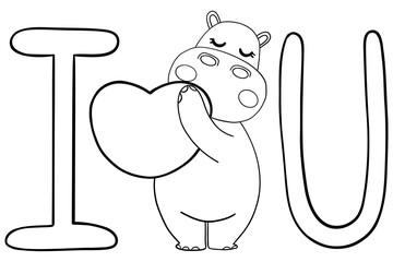 Outline coloring valentine hippo theme ,Cute hippo holding heart with 