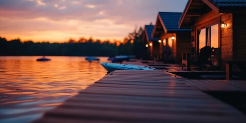 Lakeside tranquility wooden cabins at dusk reflecting skies on the water