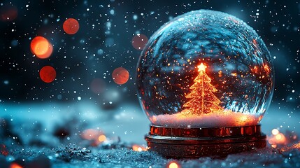 Illuminated snow globe Christmas tree, snowing outdoors, bokeh lights, holiday card
