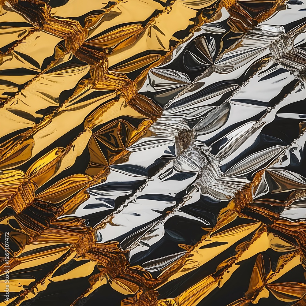 Poster abstract metallic gold and silver crumpled foil texture with reflective surfaces creating a luxury m