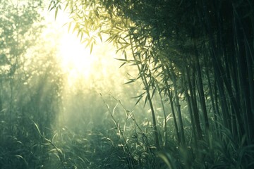 Obraz premium Sunlight filtering through lush bamboo forest in the morning mist