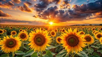 Fototapeta premium Panoramic View of a Vibrant Sunflower Field at Sunset