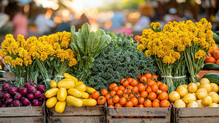 Fresh vegetables and vibrant flowers at bustling farmers market.